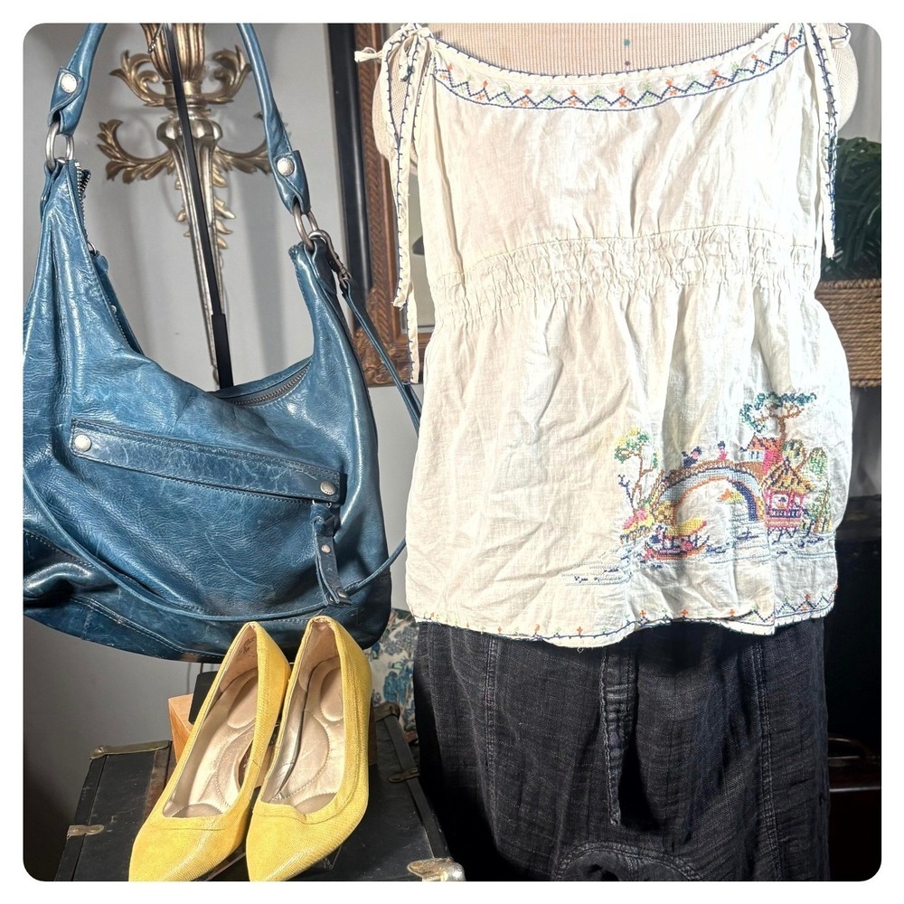 Vintage Y2K Lucky Brand Cross stitch Linen Tie shoulder Tank Top‎ Size Large